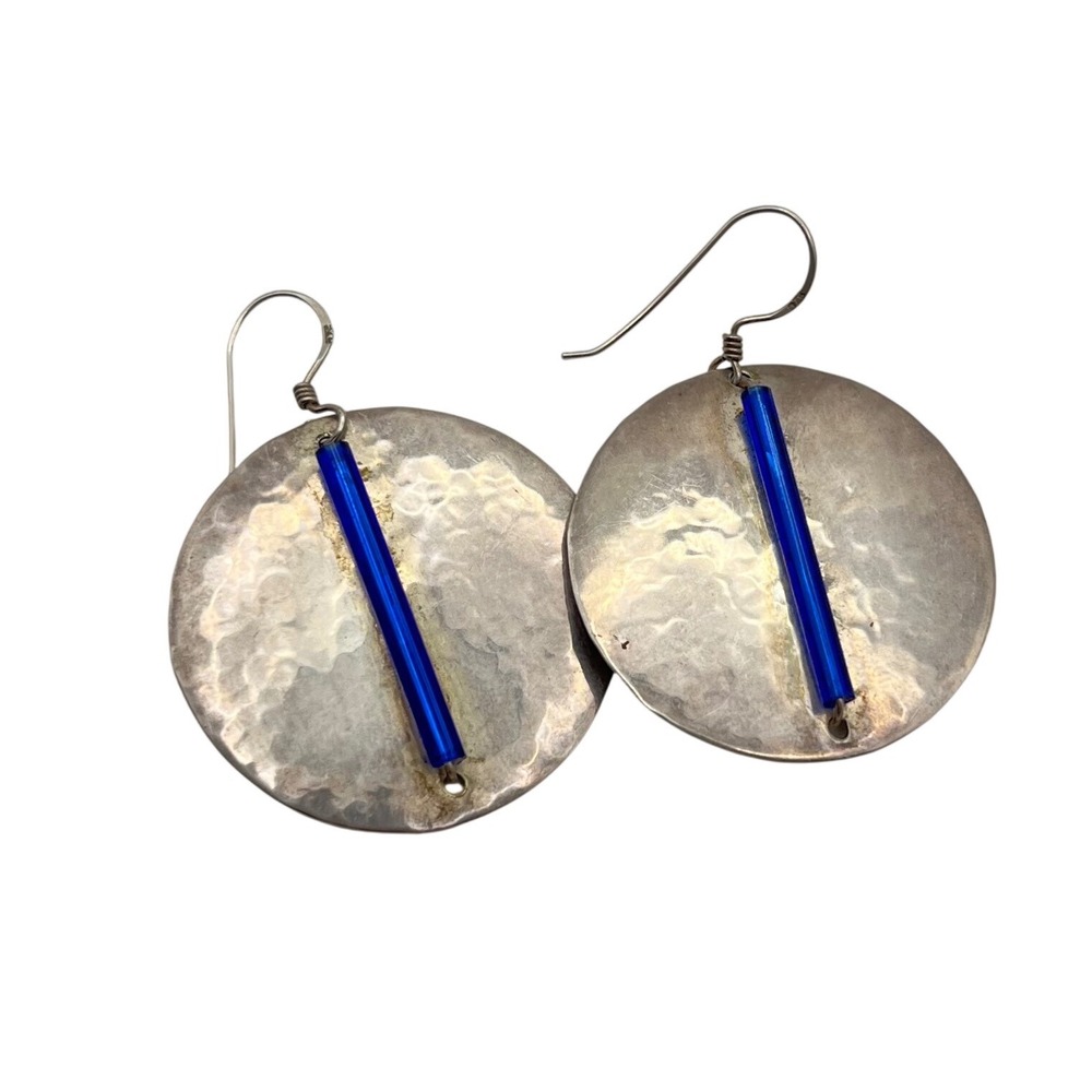 Sterling Silver Hammered Disc Earrings Cobalt Blue Bugle Bead‎ Artisan Dangle